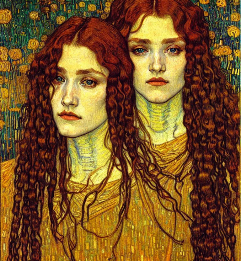 Image similar to detailed realistic beautiful young medieval queen face portrait by jean delville, gustav klimt and vincent van gogh, art nouveau, symbolist, visionary, gothic, pre - raphaelite, muted earthy colors, desaturated