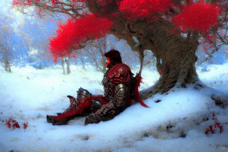 Image similar to winter, a male warrior wearing armor relaxing under a huge tree with red flowers, ground covered with snow, extreme long shot, fantasy, painting by gaston bussiere, craig mullins, j. c. leyendecker, trending on artstation