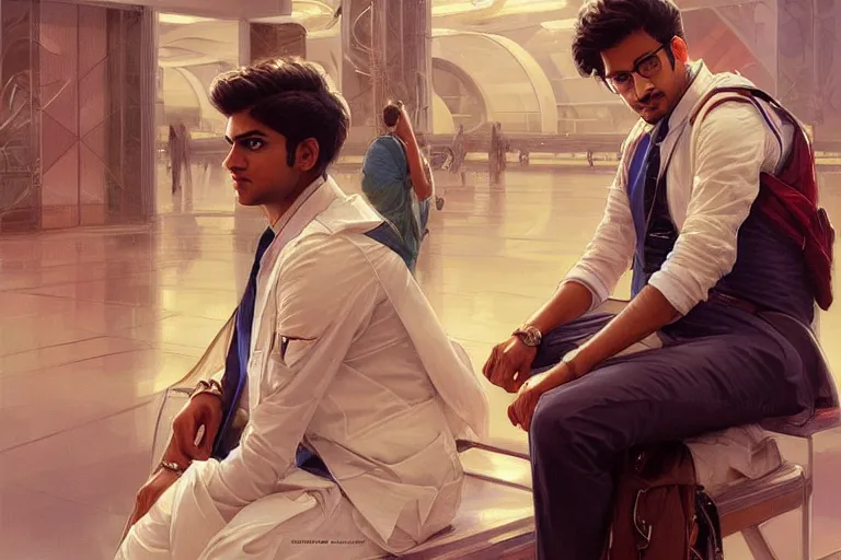 Image similar to Anxious good looking pale young Indian doctors wearing American clothes at the airport, portrait, elegant, intricate, digital painting, artstation, concept art, smooth, sharp focus, illustration, art by artgerm and greg rutkowski and alphonse mucha