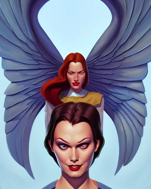 Image similar to 3 / 4 powerful woman with wings, cartoon, digital painting, artstation, concept art, smooth, sharp focus, illustration, disney, symmetry face, fine details. art by alex ross, brittney lee