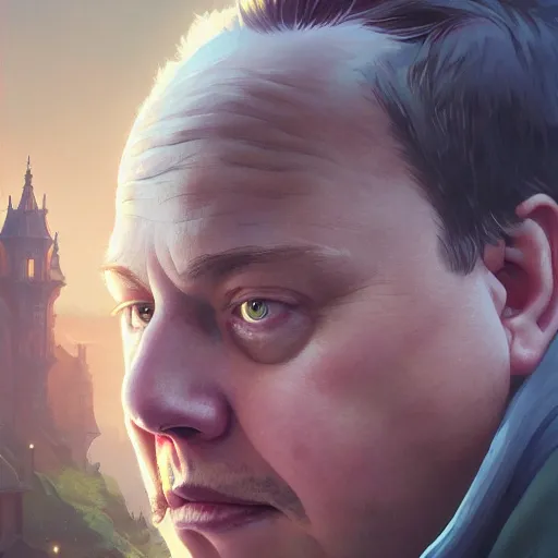 Image similar to Highly detailed portrait of fat Elon Musk, Stephen Bliss, unreal engine, fantasy art by Greg Rutkowski, Loish, Rhads, ferdinand knab, Makoto Shinkai and Lois van baarle, ilya kuvshinov, rossdraws, Tom Bagshaw, alphonse mucha, global illumination, radiant light, detailed and intricate environment