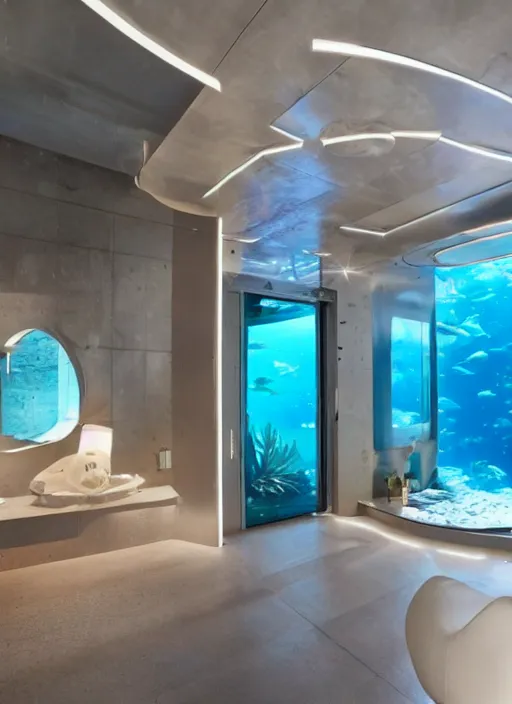 Prompt: a futuristic sci - fi underwater home with mirrored walls, dreamatic lighting