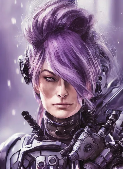 Image similar to close up portrait of a pale olivia wilde in sci - fi power armor with purple hair, powerful, domineering, stoic, masterful, intense, ultrafine hyperdetailed illustration by kim jung gi, irakli nadar, intricate linework, sharp focus, octopath traveler, yoji shinkawa, highly rendered, detailed, concept art