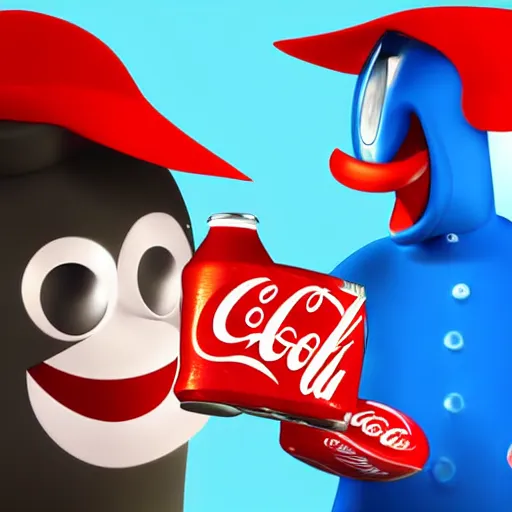 Image similar to An anthropomorphic can of coca-cola talking to an anthropomorphic can of pepsi cola, digital art, artstation