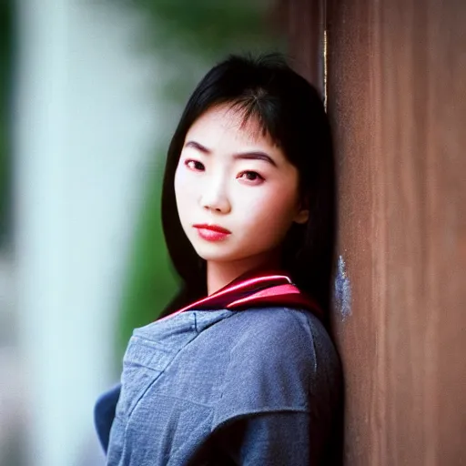 Image similar to a beautiful asian girl looking directly to the viewer, 80s ambience, photoshot, canon camera, high quality, ultra hd