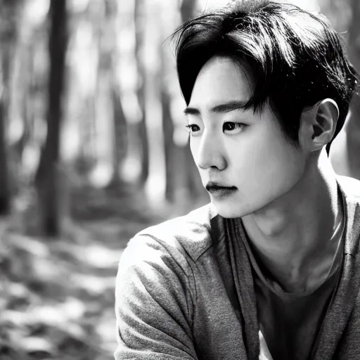 Image similar to male korean actor with tribal facial scarring sitting in a forest, hyper realistic, black and white portrait, 8 k resolution,