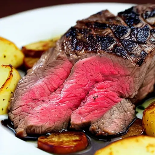 Prompt: a delicious perfectly cooked mouth-watering steak with a steaming-hot baked-potato