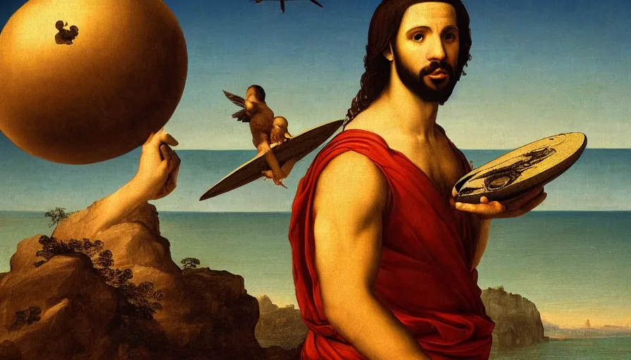 Prompt: drake holding an ufo by da vinci, digital art, classical painting, sharp focus, sunset beach, 4 k, restored