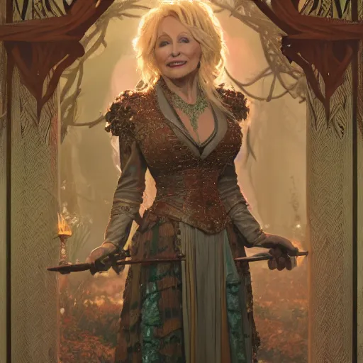 Image similar to an ultra detailed tarot card of dolly parton as a necromancer, d & d, epic fantasy, concept art by alphonse mucha and greg rutkowski, octane render, 8 k, detailed face