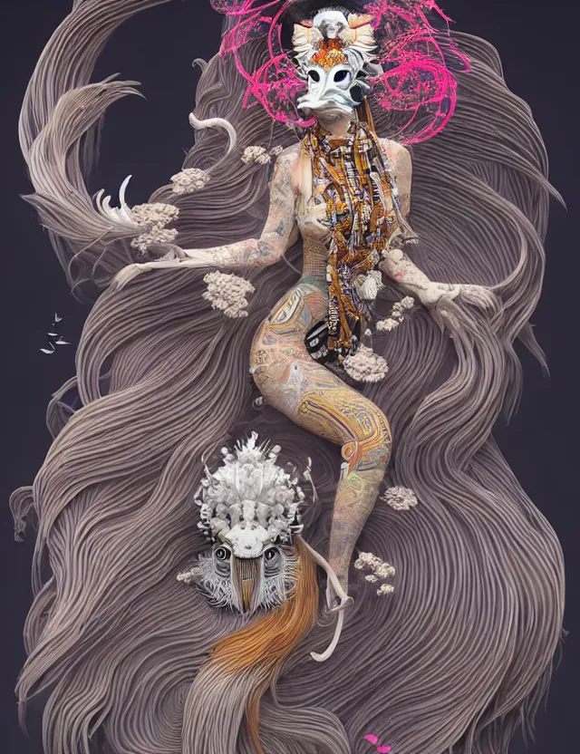 Image similar to 3 d slvic goddess half - turn portrait with long hair with ram skull. beautiful intricately detailed japanese crow kitsune mask and clasical japanese kimono. betta fish, jellyfish phoenix, bio luminescent, plasma, ice, water, wind, creature, artwork by tooth wu and wlop and beeple and greg rutkowski