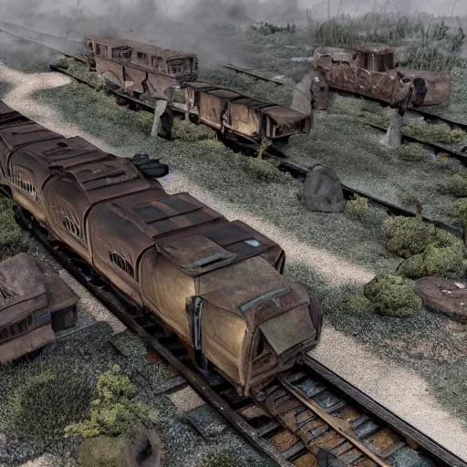 Image similar to a anthromorphic train post-apocalyptic miniatures wargame Photorealistic HD 8k highlights and shadow detailed High Resolution