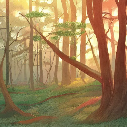 Prompt: forest in the morning light, by Rumiko Takahashi, trending on artstation