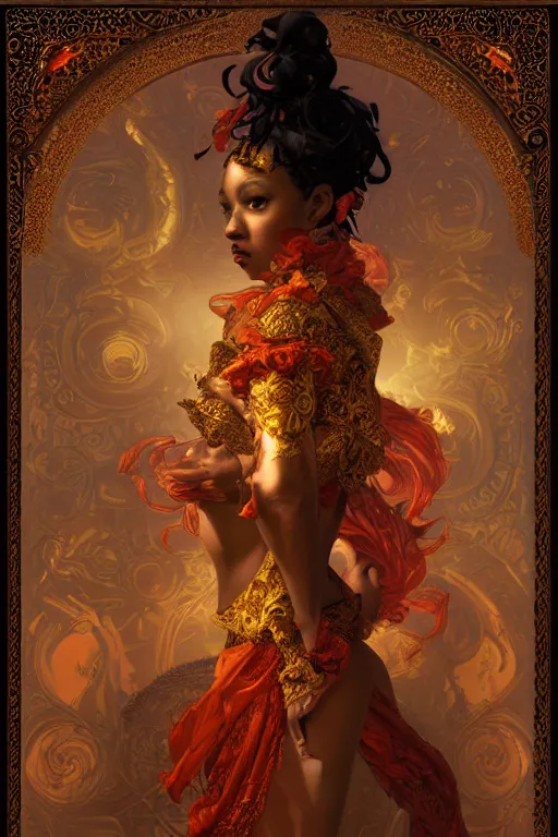 Image similar to tarot card artstation, portrait of a black love dancer, sunrise, baroque ornamnet and rococo ornament, ancient chinese ornate, hyperdetailed, beautiful lighting, craig mullins, mucha, klimt, yoshitaka amano, red and gold and orange color palatte