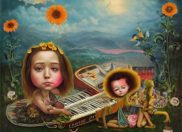 Prompt: 🌻🎹🎼, lowbrow in the style of camille rose garcia and mark ryden and salvador dali, 8 k, matte painting,