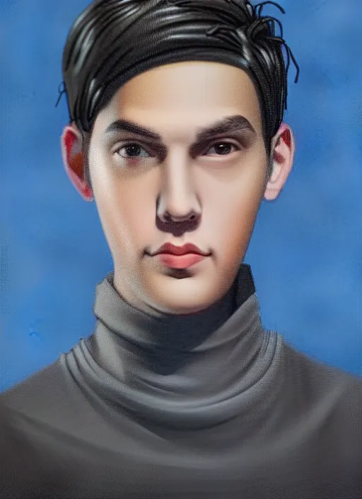 Image similar to portrait of teenage jughead jones wearing a light grey crown, crown, blue turtleneck, 1 9 5 0 s, closed eyes, photorealistic, black hair, glowing lighting, intricate, elegant, glowing lights, highly detailed, digital painting, artstation, concept art, smooth, sharp focus, illustration, art by wlop, mars ravelo and greg rutkowski