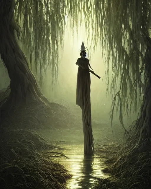 Image similar to highly detailed surreal vfx portrait of a cursed dagger in a shadowy swamp by a willow tree, stephen bliss, unreal engine, greg rutkowski, loish, rhads, beeple, makoto shinkai and lois van baarle, ilya kuvshinov, rossdraws, tom bagshaw, alphonse mucha, global illumination, detailed and intricate environment