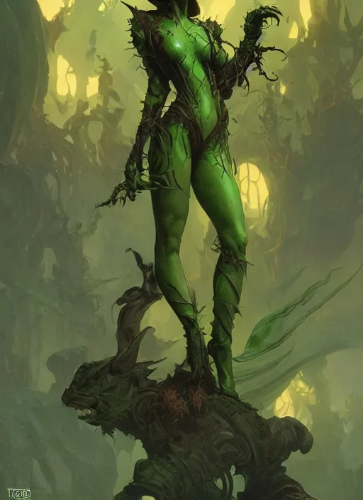 Image similar to a beautiful cute green goblin girl, D&D, fantasy, intricate, cinematic lighting, highly detailed, digital painting, artstation, concept art, smooth, sharp focus, illustration, art by Terry Moore and Greg Rutkowski and Alphonse Mucha