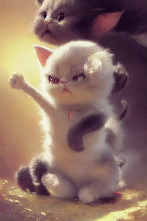 Prompt: a very cute character baby creature from dragon ball and kawai cat, beautiful painting by louis remy mignot, greg rutkowski, ilya repin, nice lighting, smooth tiny details, soft and clear shadows, low contrast, perfect