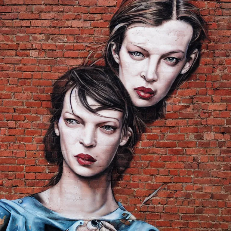 Image similar to Street-art portrait of Milica Bogdanivna Jovovich on the red brick wall in style of Etam Cru, photorealism