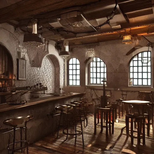 Image similar to ultra mega super hyper realistic Digital concept interior design of tavern in Cyberpunk style mixed with medieval style. Natural white sunlight from the transperient roof . Rendered in VRAY and DaVinci Resolve and MAXWELL and LUMION 3D, Volumetric natural light