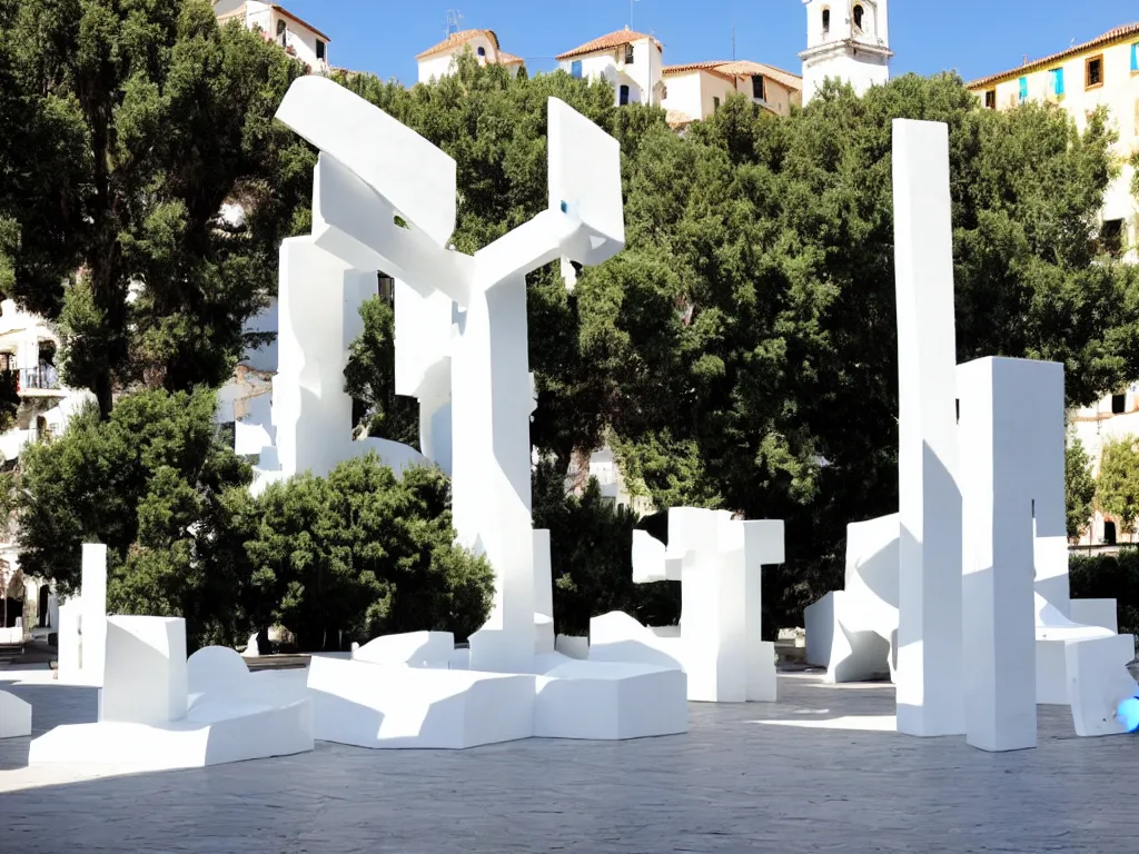 Prompt: huge white plastic sculpture by eduardo chillida on a mediterranean town square