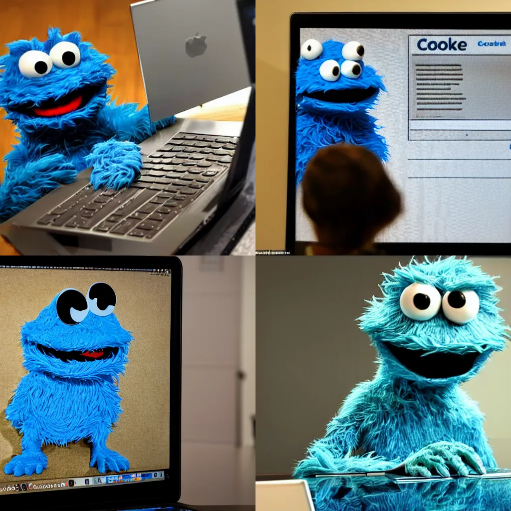 Prompt: Cookie monster watching his cookie portfolio going down on a computer screen during a recession