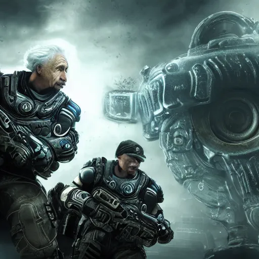 Image similar to Albert Einstein in Gears of War, splash art, movie still, cinematic lighting, dramatic, octane render, long lens, shallow depth of field, bokeh, anamorphic lens flare, 8k, hyper detailed, 35mm film grain