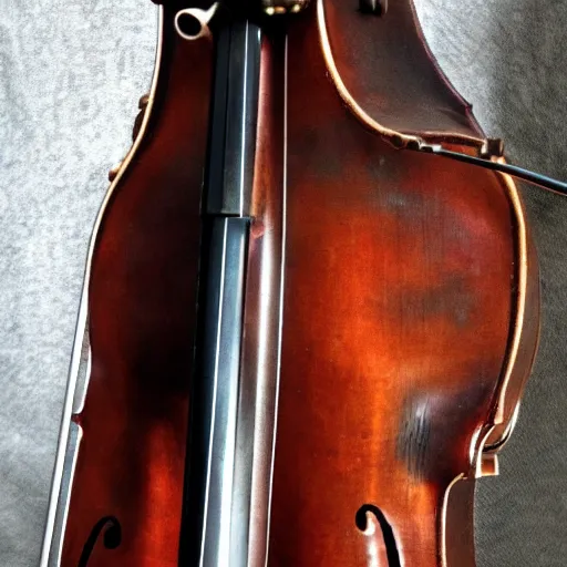 Image similar to a steampunk cello, closeup shot,