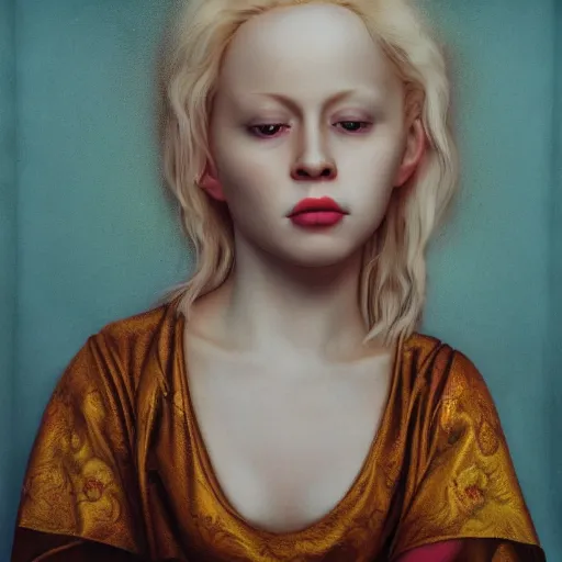 Prompt: realistic expired kodak film portrait of albino madonna mix, hyperrealism, hypermaximalism, photorealistic, detailed, atmospheric, 8 k, award winning photography, cinematic