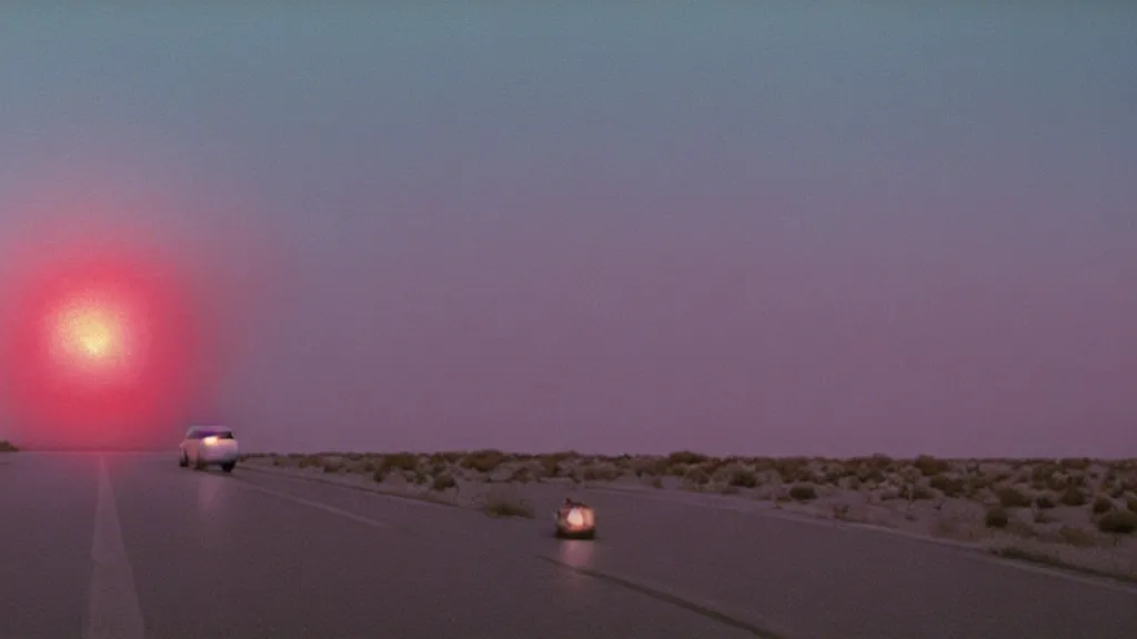 Prompt: Jellyfish floating in the sky at night above Route 66, film still from the movie directed by Denis Villeneuve with art direction by Zdzisław Beksiński, wide lens