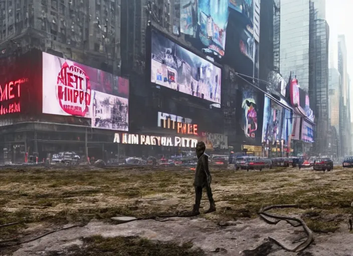 Image similar to film still of post apocalyptic empty time square, overgrown with wildlife walking through in the new sci - fi movie, 8 k