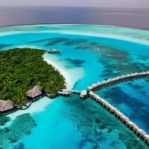 Prompt: exotic location in the maldives, view from helicopter