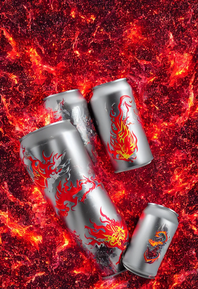 Prompt: one aluminium can of a dragon-flavored energy drink, professional studio photography, erupting volcano background, red lava sprinkles, packshot