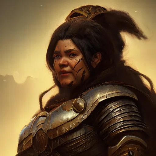 Image similar to masterpiece closeup portrait of a Dwarven woman with dark black skin, brown eyes, wearing armor, by Greg Rutkowski, 4k, matte painting, dungeons and dragons, detailed