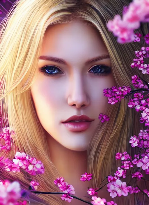 Image similar to photo of a gorgeous blonde female in the style of stefan kostic, realistic, half body shot, sharp focus, 8 k high definition, insanely detailed, intricate, elegant, art by stanley lau and artgerm, extreme blur cherry blossoms background