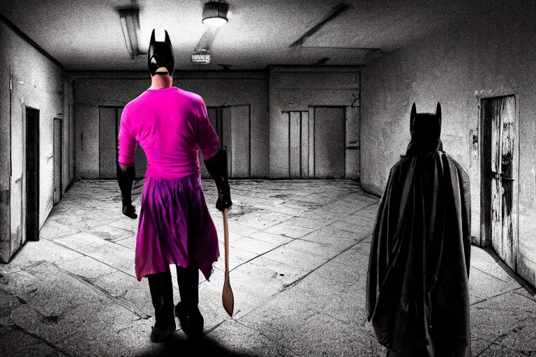 Image similar to batman wearing pink apron wielding an axe, chasing through old brown decrepit hallway, running toward camera, creepy smile, atmospheric eerie lighting, dim lighting, bodycam footage, motion blur, photograph