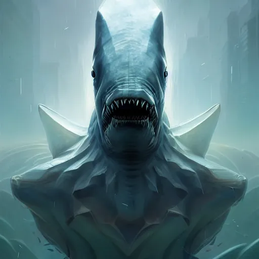 Image similar to professional ominous concept art portrait of a shark - human chimera character by artgerm and greg rutkowski. an intricate, elegant, highly detailed digital painting, concept art, smooth, sharp focus, illustration, in the style of simon stalenhag, wayne barlowe, and igor kieryluk.