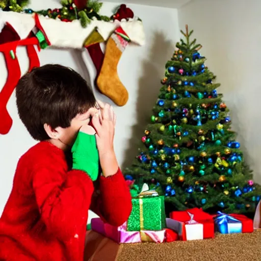 Image similar to a kid at christmas disappointed and sad that his present was a giant moai statue, his hands buried in his face | inside of a house next to a christmas tree, large present in the back