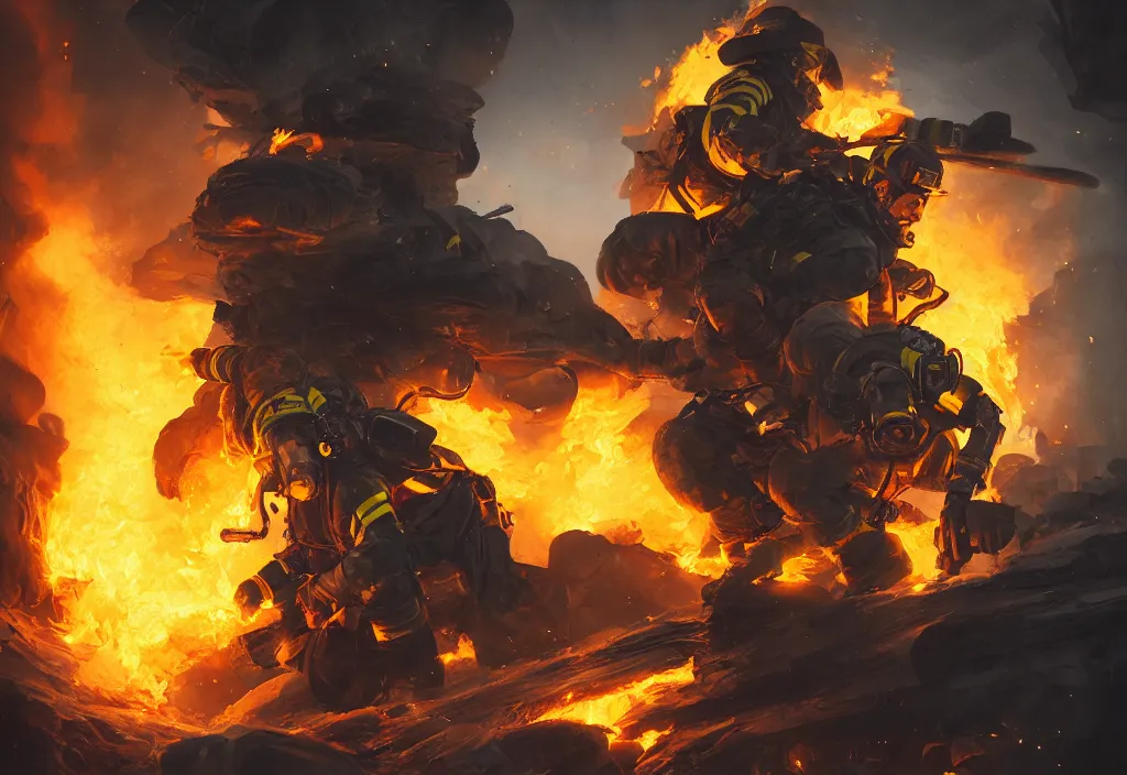 Image similar to one heroic firefighter in action in black and yellow uniform, fire flames, sharp details, sharp focus, photorealistic, octane, hyper detailed, trending on deviantart, illustration, by jordan grimmer and greg rutkowski and pine ( ハイネ ), intricate