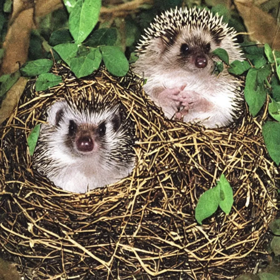 Image similar to a still from a vhs video, of a hedgehog sitting in a birds nest, in a tree