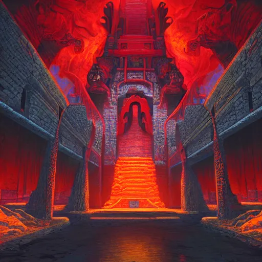 Prompt: Interior of the fire god temple, mayan gothic design, doom, fire, by noah bradley, in style of Midjourney and Patrick Gleason, hig key lighting, vivid and vibrant crimson red line work detailed art, trending on Artstation, sharp focus, comic art