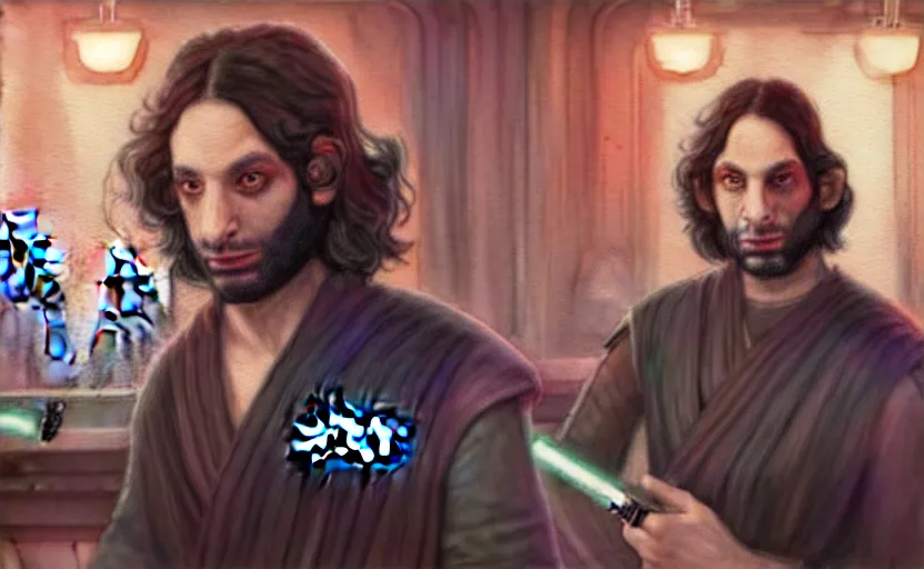 Image similar to a realistic star wars watercolor fantasy concept art of a drug dealer that looks like chris d'elia in a sleazy futuristic bar of coruscant, hq, 4 k