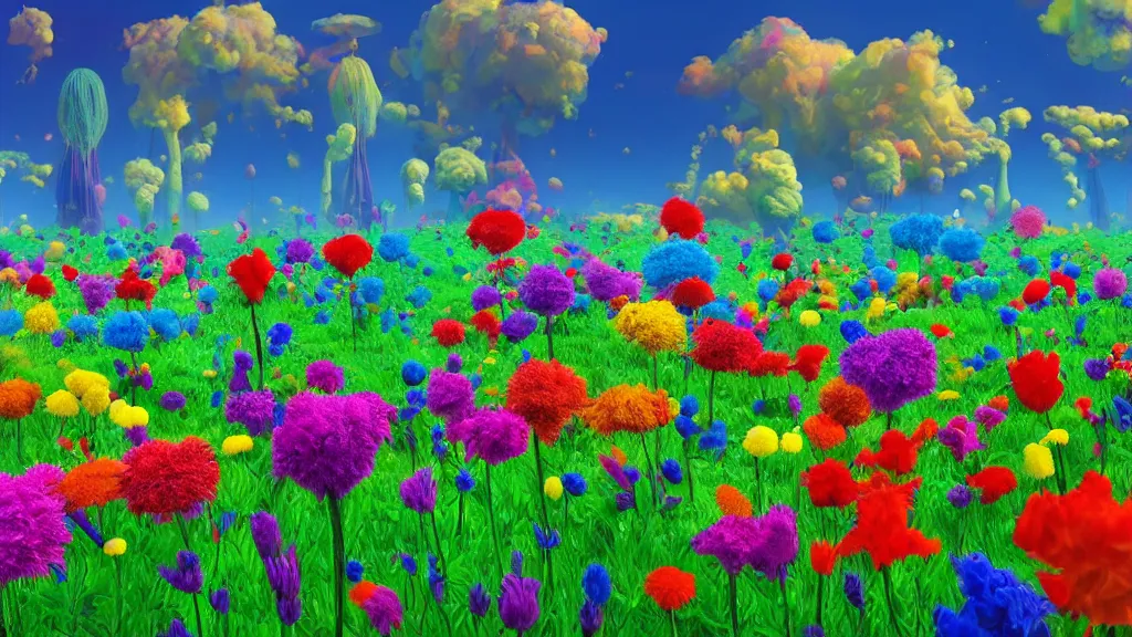 Prompt: first person perspective digital illustration of a field of giant towering vibrant flowers by beeple and Dr. Seuss:1|megaflora by Dr. Seuss, petals blowing in the breeze, colorful rolling hills of beautiful flowers, wide angle panoramic by Industrial Light and Magic, viewed from eye level:0.9|fantasy, cinematic:0.9|Unreal Engine, Octane, finalRender, devfiantArt, artstation, artstation HQ, behance, HD, 16k resolution:0.8