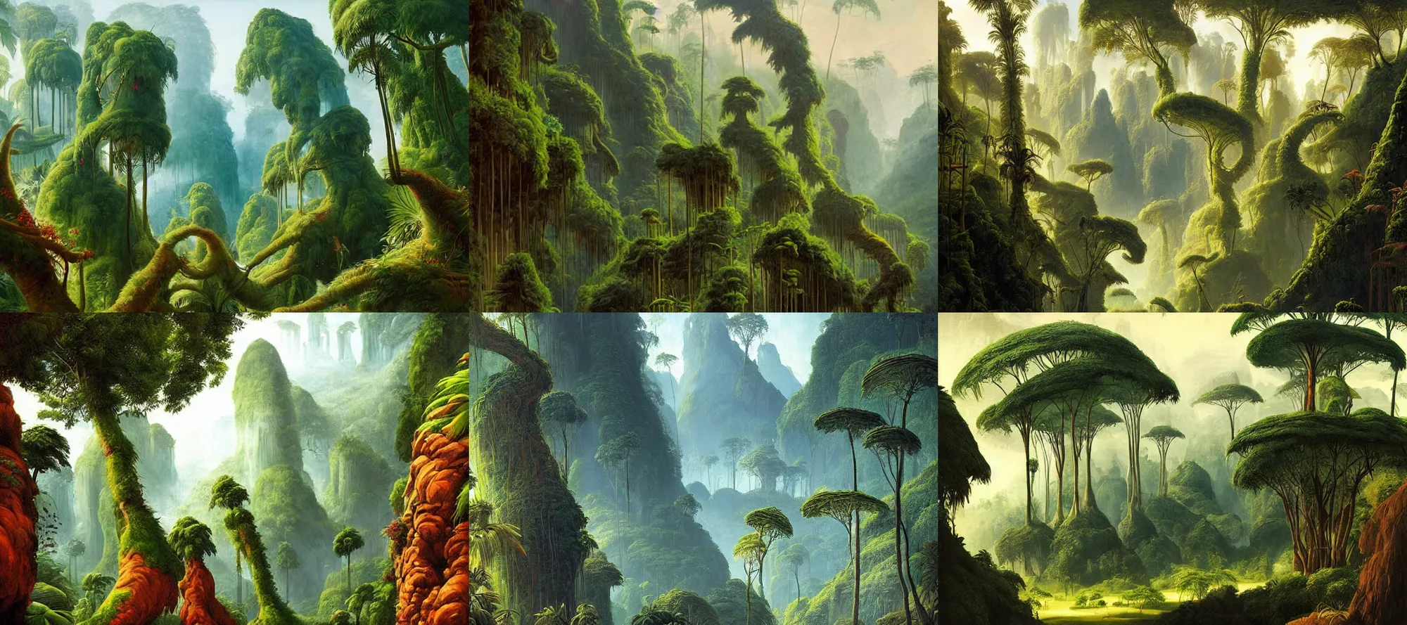 Prompt: Rainforest landscape in the style of Dr. Seuss, starships, painting by Raphael Lacoste