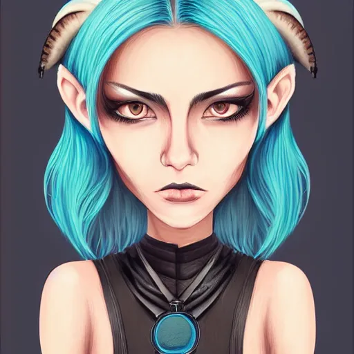 Image similar to illustrated realistic portrait of ram-horned devil woman with blue bob hairstyle and her tan colored skin and with solid black eyes wearing leather by rossdraws