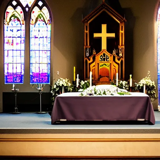 Prompt: A funeral photo with a RGB coffin in a church, RGB coffin, coffin with RGB lighting