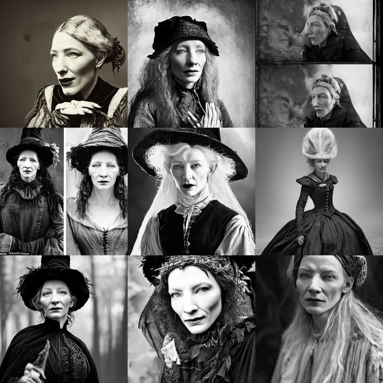 Prompt: a cunning, hunchbacked, 19th century witch looks similar to Cate Blanchett, cinematic lighting, highly detailed, black-and-white, realistic, antique photography