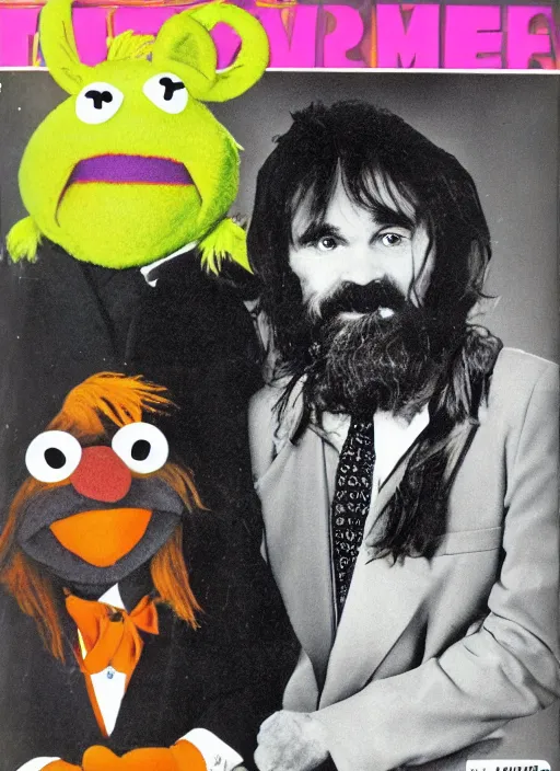 Prompt: 8 0 s magazine advertisement depicting muppet charles manson hosting the muppet show