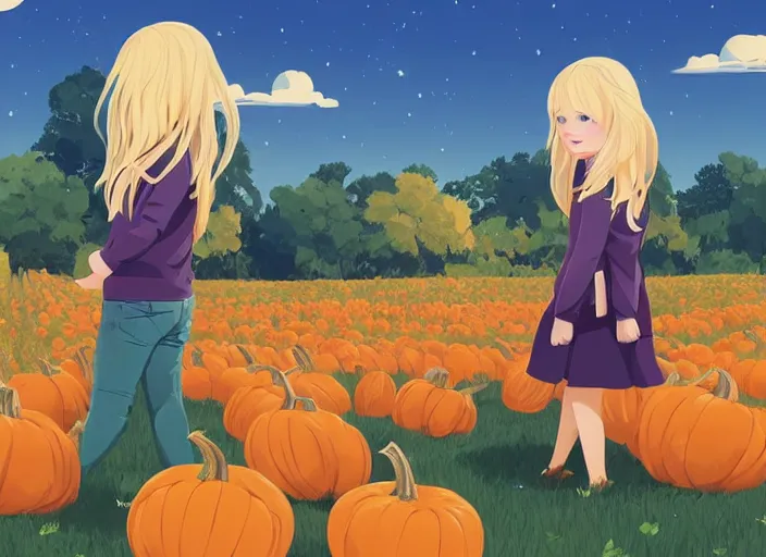 Prompt: little girl with long blonde hair visiting a pumpkin patch. she is facing away from the viewer. clean cel shaded vector art. shutterstock. behance hd by lois van baarle, artgerm, helen huang, by makoto shinkai and ilya kuvshinov, rossdraws, illustration, art by ilya kuvshinov