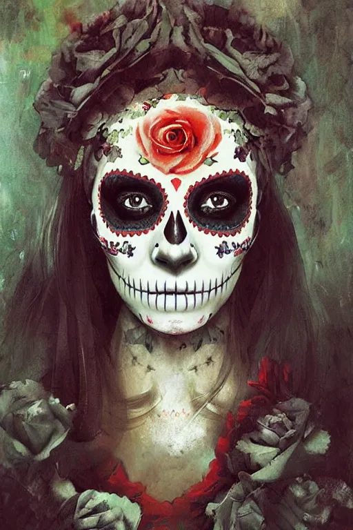 Prompt: illustration of a sugar skull day of the dead girl, art by ruan jia